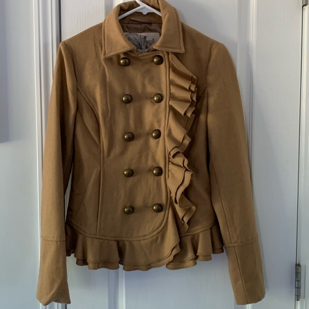 Kimchi Blue Camel Ruffled Pea Coat‎ Jacket size S wool blend fall winter